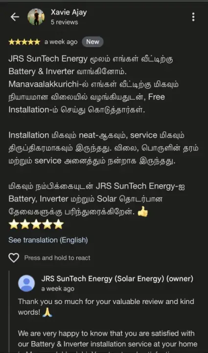 Screenshot of a five-star Google review for JRS SunTech Energy